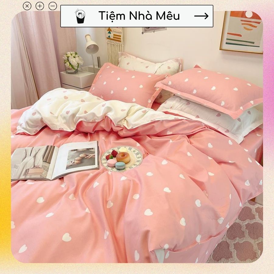 Bộ Chăn Ga Gối Cotton 3D✨m6/m8/2m - Tiệm Nhà Mêu✨Set 4 Món 2 Vỏ gối , drap , vỏ chăn Hồng Chấm Bi Cute