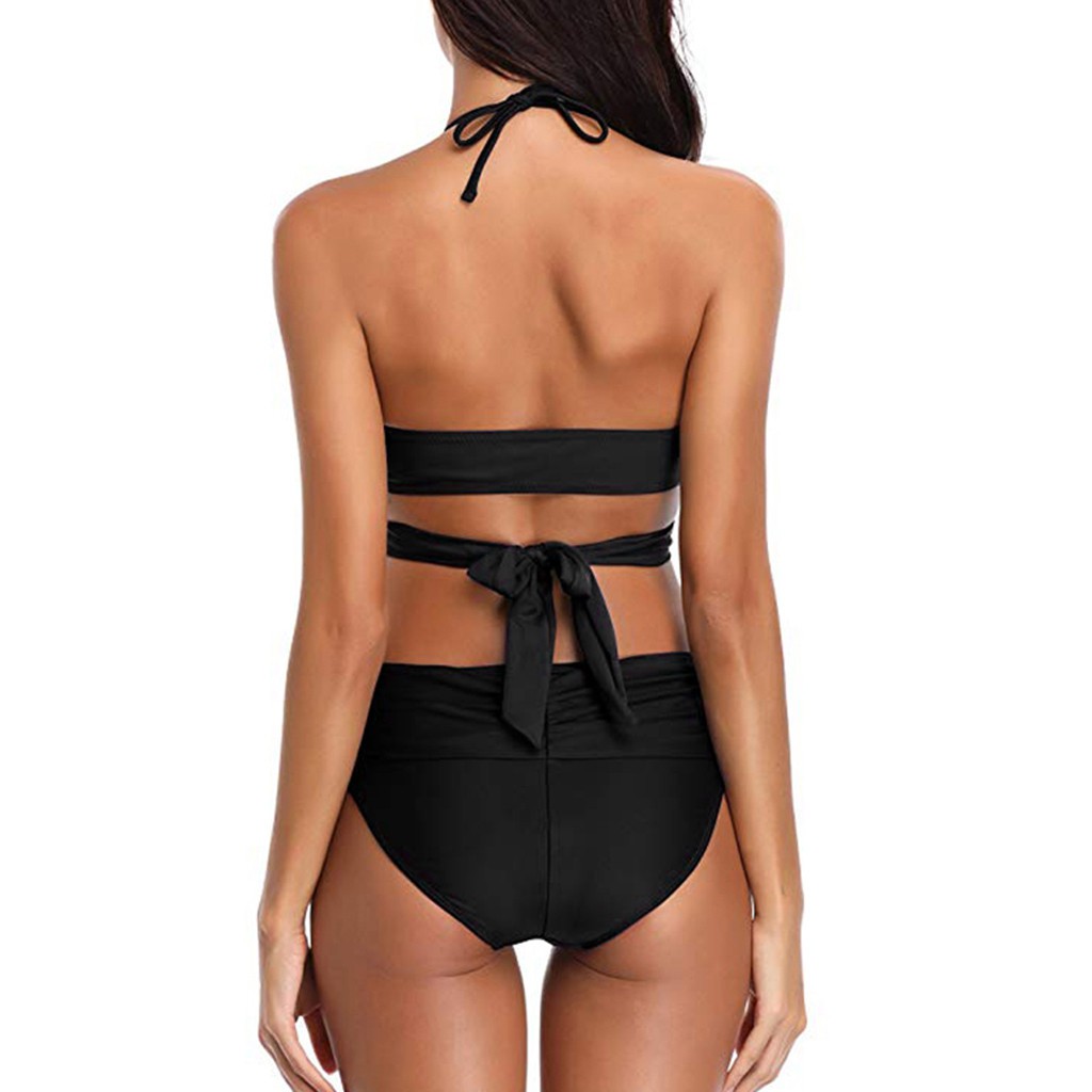 Women Sexy Swimsuit Two Piece Retro Halter Ruched High Waist Solid Bikini Set | BigBuy360 - bigbuy360.vn