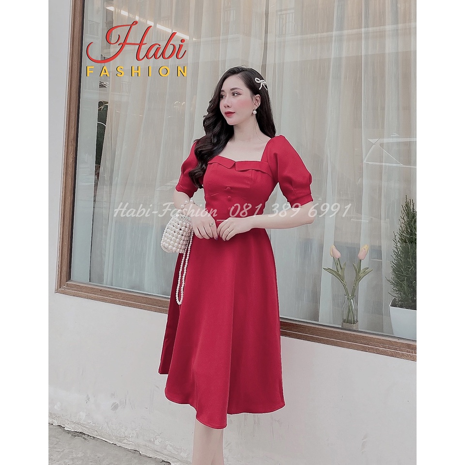 (NEW) Váy dự tiệc hàng thiết kế giá rẻ nhât, Đầm xòe viền ngực cổ vuông cúc bọc sang chảnh tôn dáng