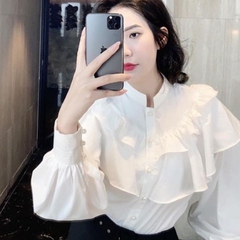 Áo sơ mi nữ tay phồng bèo tầng cổ trụ, sơ mi công sở dài tay màu trắng hothit
