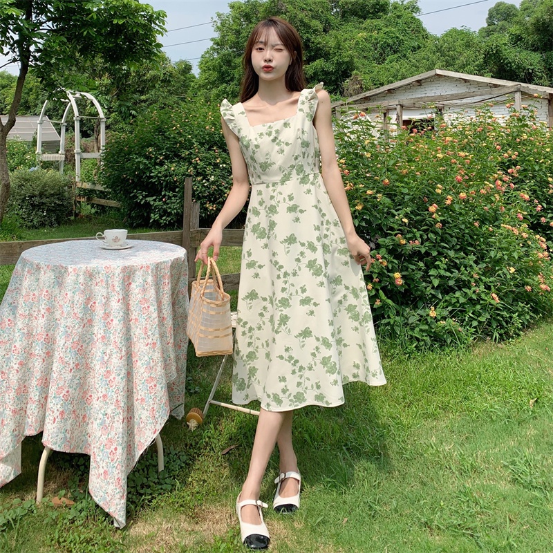 Đầm Dáng Chữ A Cổ Vuông Thiết Kế Mỏng Họa Tiết Hoa Xinh Xắn Thời Trang Mùa Hè