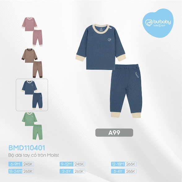 [CHÍNH HÃNG] Bộ quần áo dài tay cổ tròn trẻ em Candie Molist BMD110401 Bu
