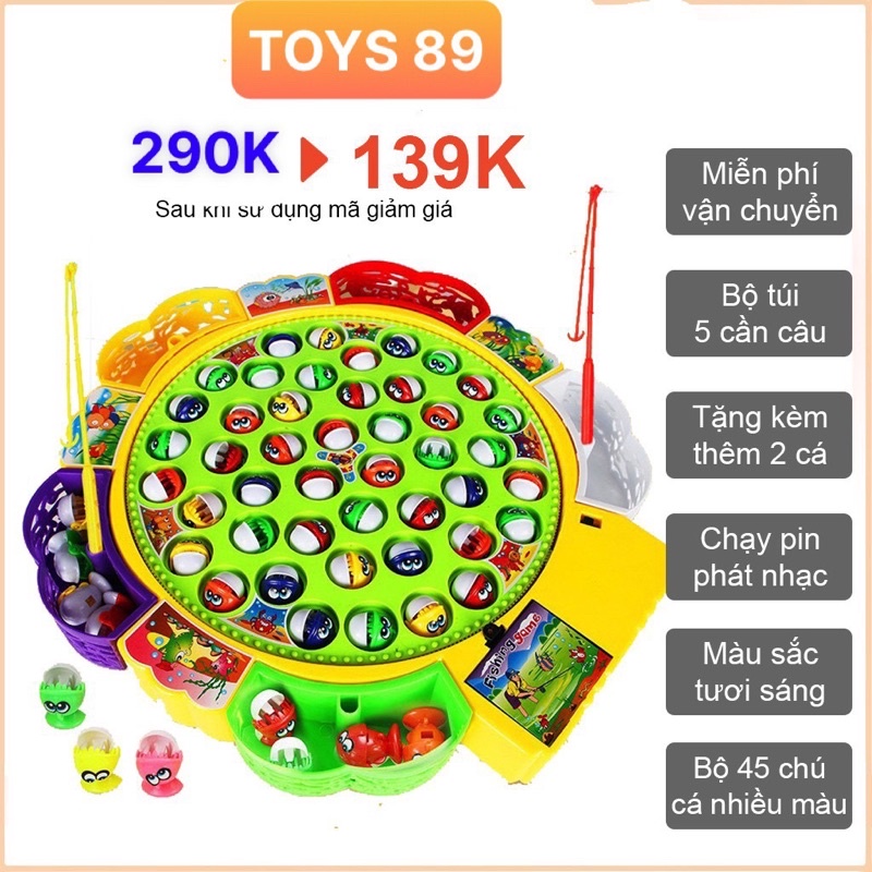 ĐỒ CHƠI CÂU CÁ PHÁT NHẠC LOẠI LỚN 45 CON CÁ NHIỀU MÀU,5 CẦN CÂU, 5 GIỎ ĐỰNG CÁ CHO BÉ{ TOYS89}