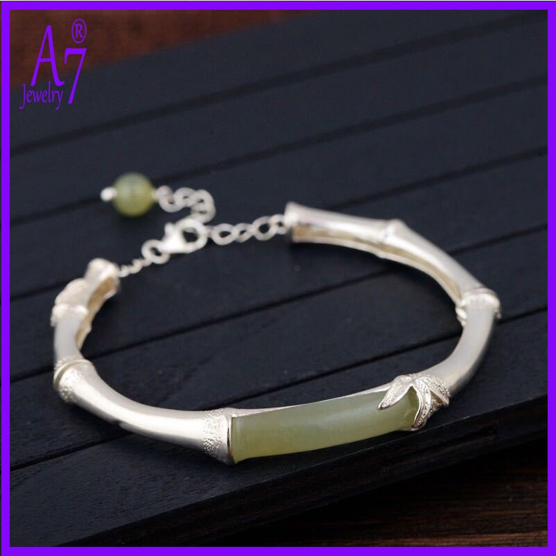 Vòng Tay Mạ Bạc 925 Đính Đá Ngọc Bích Xinh Xắn Cho Nữ