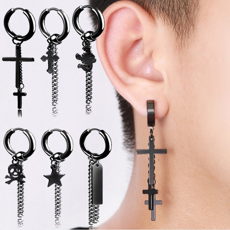 1 Khuyên Tai Hình Thánh Giá Màu Đen Bằng Thép Không Gỉ Phong Cách Hip Hop Cổ Điển Thời Trang