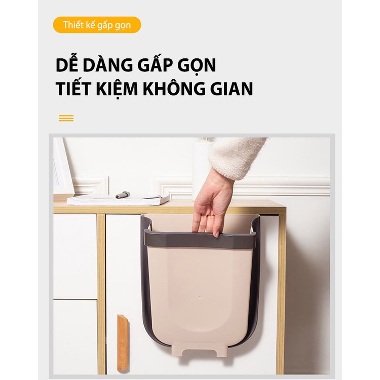 Thùng rác gấp gọn thông minh, thùng rác treo cánh tủ có thanh gạt tiện lợi (Màu nâu)