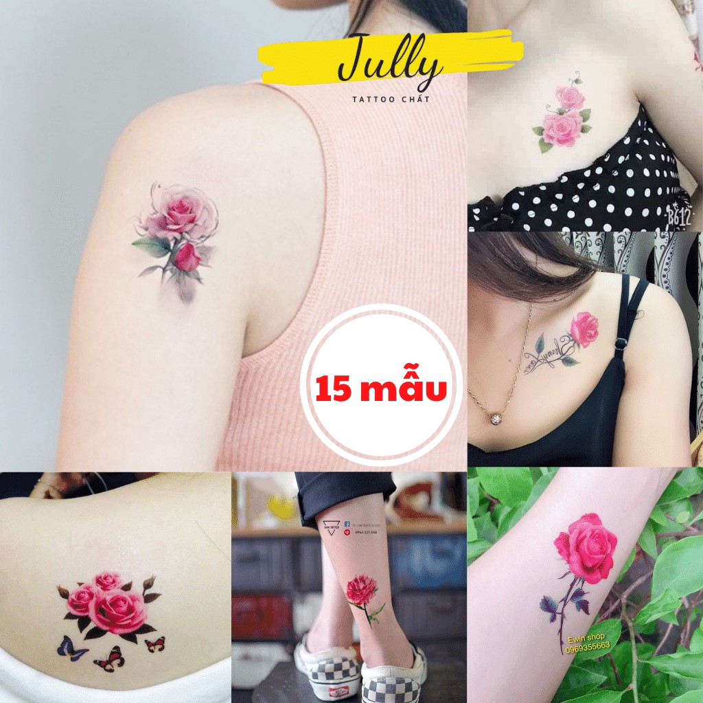 Hình xăm dán hoa hồng nhiều mẫu JULLY Tattoo chất, miếng dán chống nước an toàn bền đẹp, xăm tạm thời 15 ngày