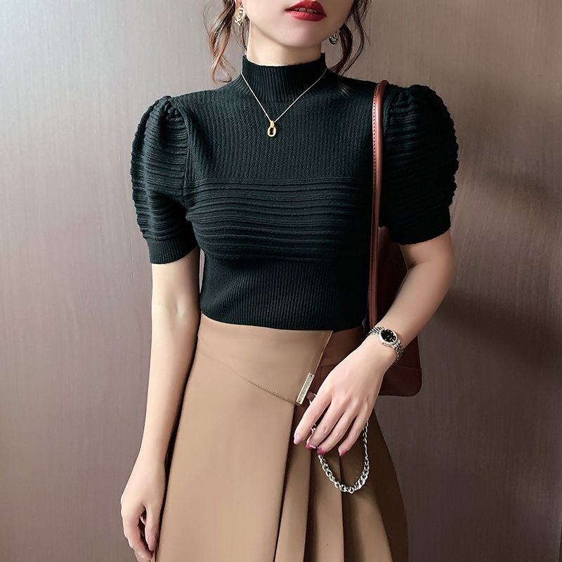 Áo len dệt kim ngắn tay áo thun 2022 mùa thu và mùa đông fom rộng rãi phần trên sọc 3 chiều