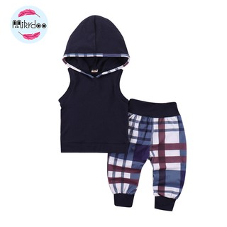 Mikrdoo Bộ áo nỉ hoodie + quần dài kẻ ô vuông đáng yêu cho bé trai
