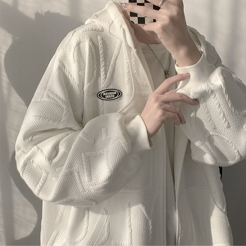 Áo khoác hoodie nỉ dáng rộng họa tiết chữ cái dập nổi chữ ba chiều thời trang cho nam