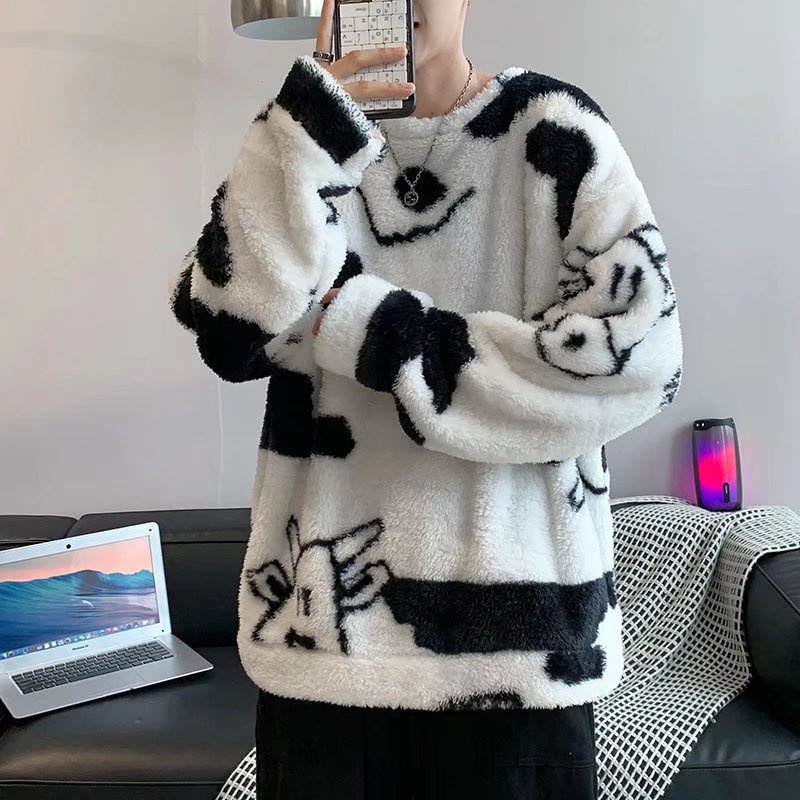 Áo sweater lông cừu tay dài dáng rộng phong cách Hàn Quốc thời trang thu đông Đường phố graffiti đa năng bình thường
