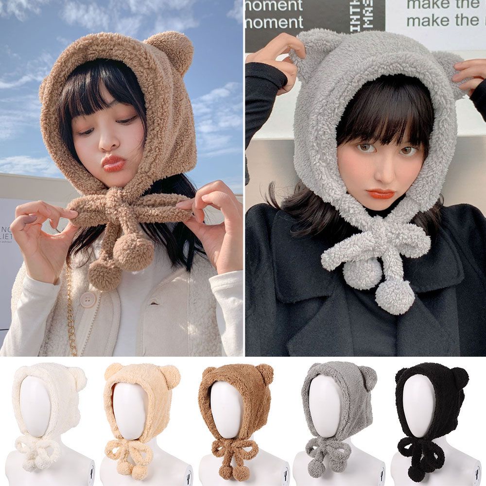 Mũ trùm đầu che tai giữ ấm phối tai gấu chống gió thời trang mùa đông cho nữ tùy chọn màu sắc