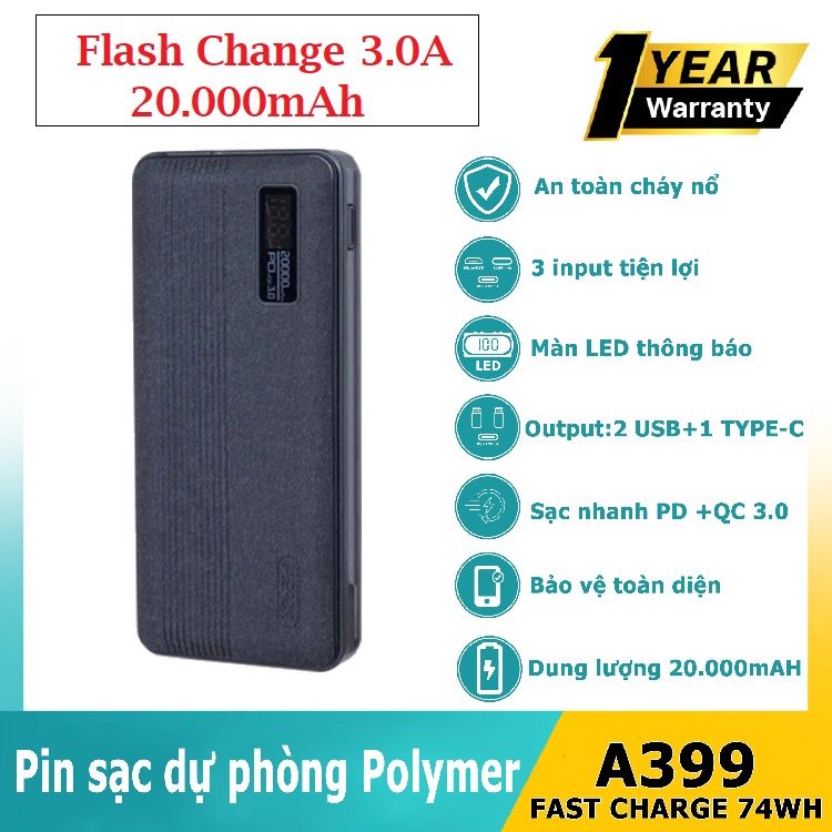 ⚡️20.000mAh +2 Cổng Sạc Nhanh⚡️Pin sạc dự phòng 20000mAH ASPOR A399 PD sạc nhanh PD -QC 3.0  dung lượng lớn Màn hình LED