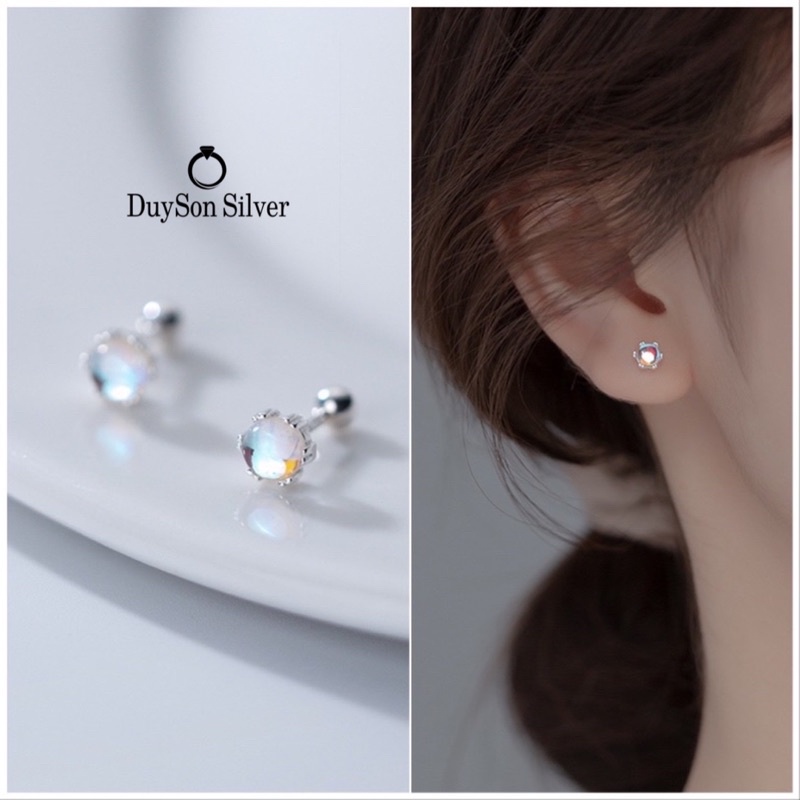 Khuyên tai bạc nữ Duyson, Bông tai đá moonstone lấp lánh bạc 925 cao cấp chốt vặn