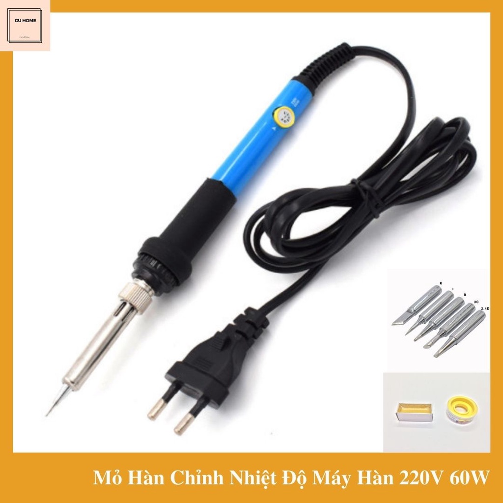 Mỏ Hàn Thiếc 220V 60W có điều chỉnh nhiệt độ kèm nhựa thông, cuộn thiếc, mũi thay thế