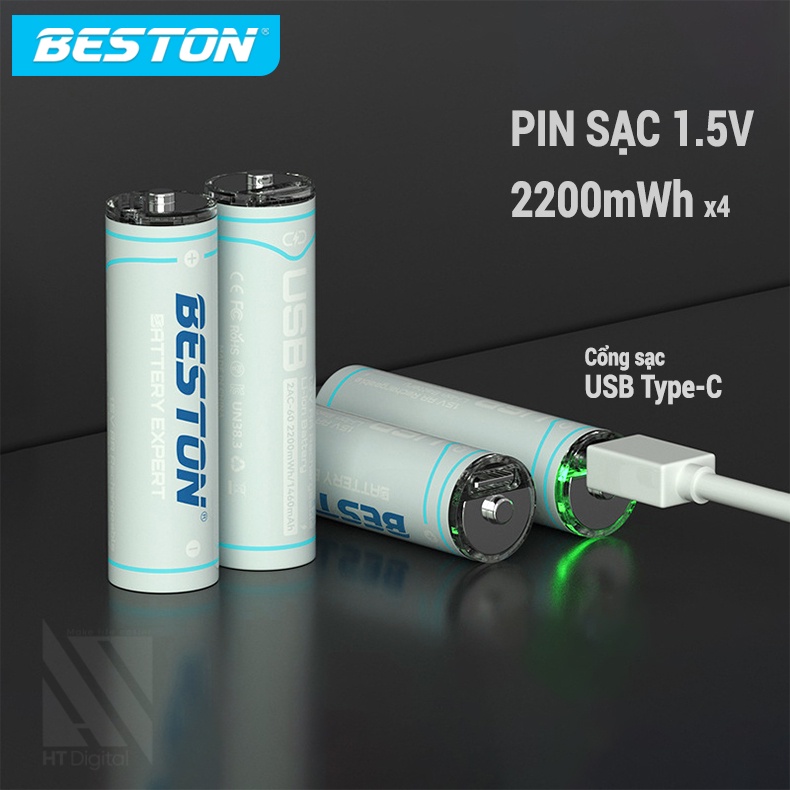 Bộ 4 Pin sạc AA 1.5V Beston 2200mWh Lithium A2C-60, hỗ trợ sạc nhanh trực tiếp bằng cổng USB type C