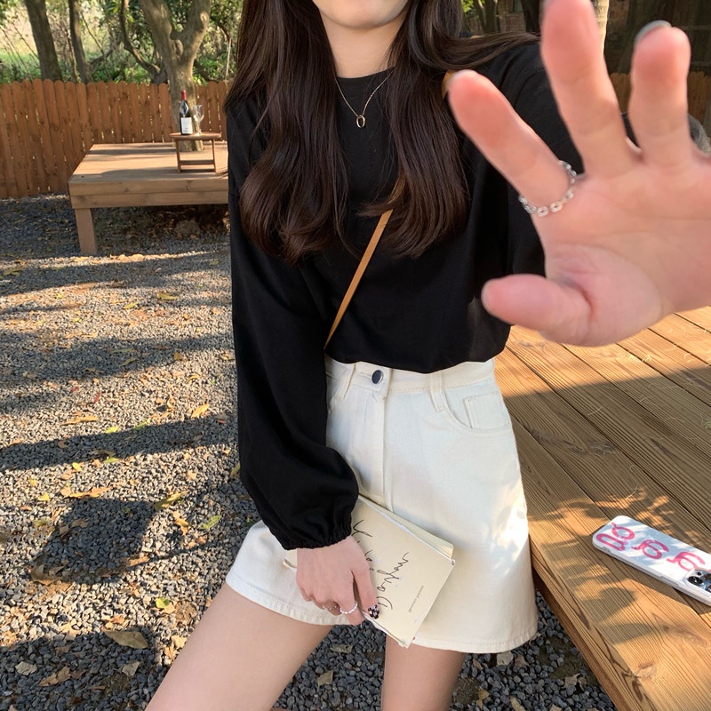 SUXI Áo Thun Tay Dài Cổ Tròn Màu Sắc Đơn Giản Thời Trang Mùa Thu Cho Nữ