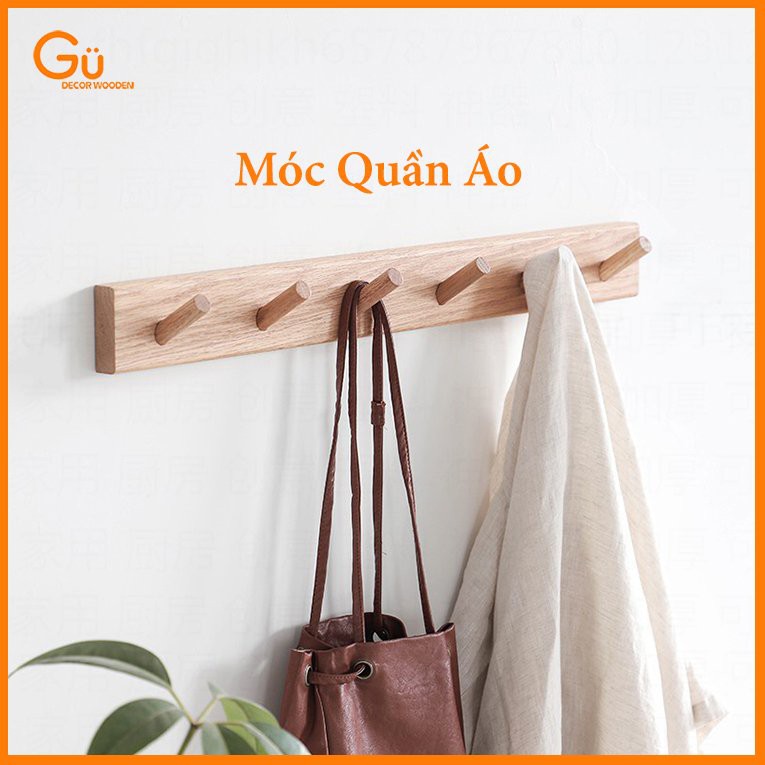 Móc Treo Quần Aó Gỗ Gắn Tường GU DECOR WOODEN - Thanh Treo Đồ Đa Năng 5 Móc Tiện Dụng