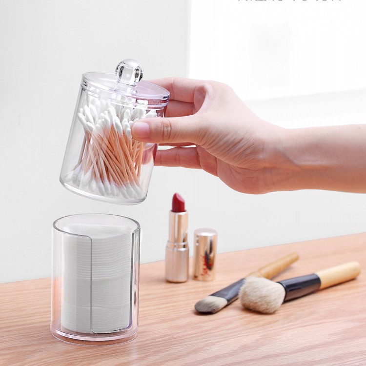 Set 2 Hộp Tròn Trong Suốt Đựng Tăm Bông/Trang Sức Chống Bụi Bằng Acrylic Trong Suốt