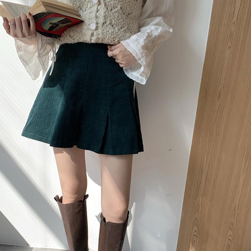 Chân váy chữ A ngắn lưng cao xếp ly bằng vải nhung phong cách Hàn Quốc thời trang