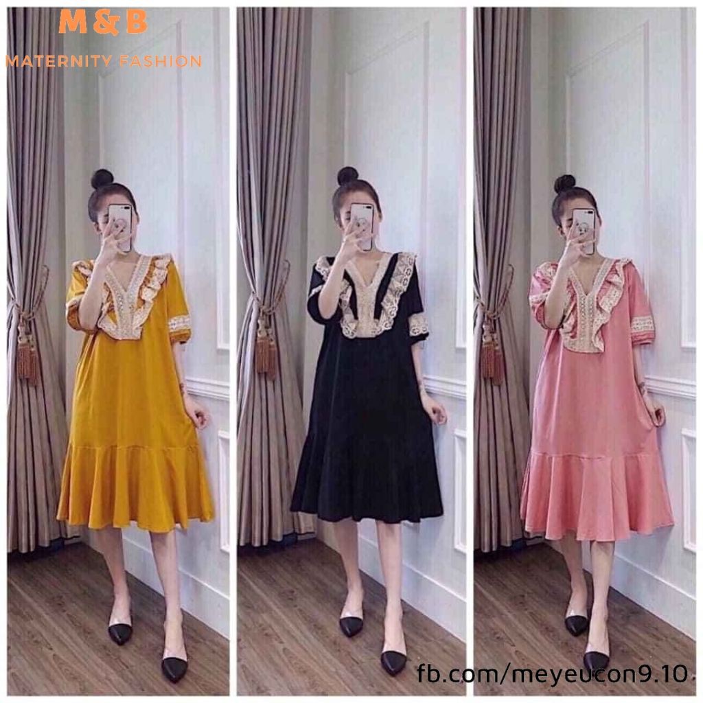 Đầm bầu thời trang thiết kế ren ngực MB60 chất đũi hàn freesize từ 45 đến 70kg