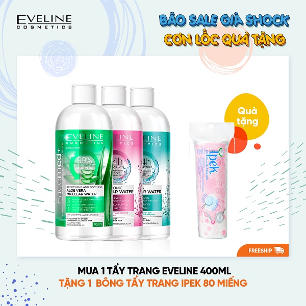 Nước Tẩy Trang Cho Da Mụn Làm Dịu Mát Da 3 trong 1 Chiết Xuất Lô Hội Facemed + Eveline 400ml