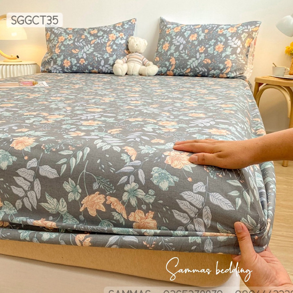 Ga Trải Giường Cotton Hoa Nhí Xanh , Bộ Drap Kèm Vỏ Gối