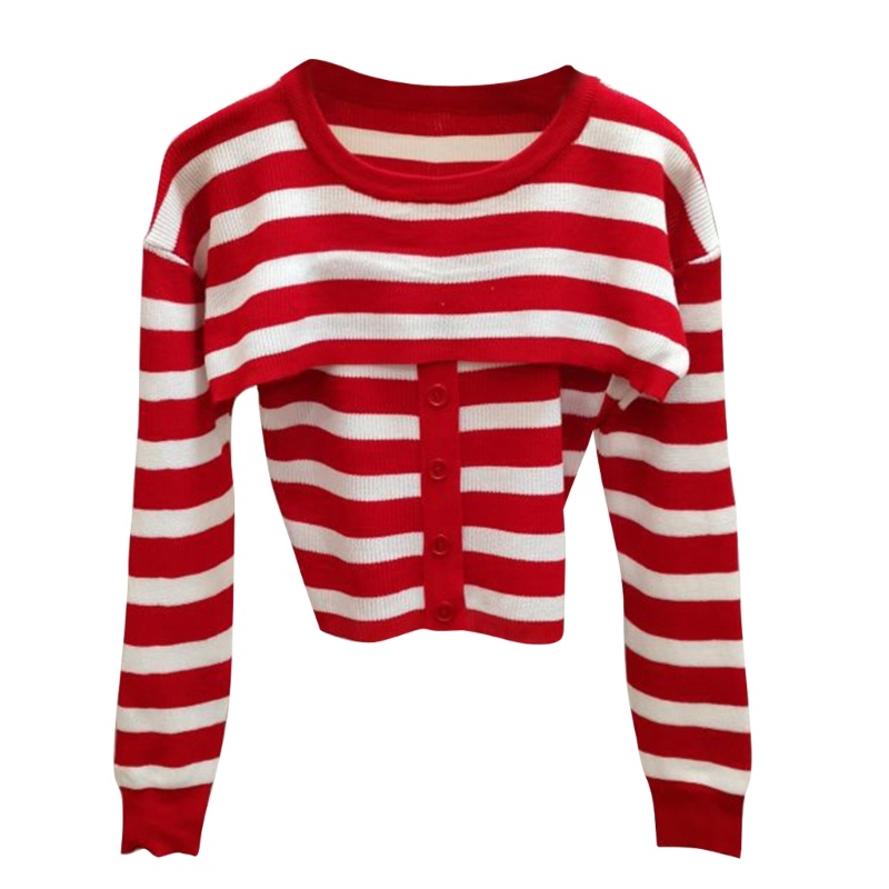 Set 2 Món Áo Sweater Dệt Kim Kẻ Sọc Phối Áo Hai Dây Đính Nút Thời Trang Cho Nữ