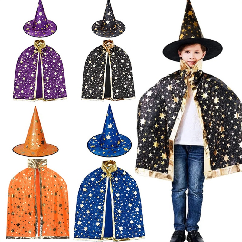 Set 2 Món Đồ Hóa Trang Phù Thủy Gồm Nón + Áo Choàng Hóa Trang Halloween Cho Bé