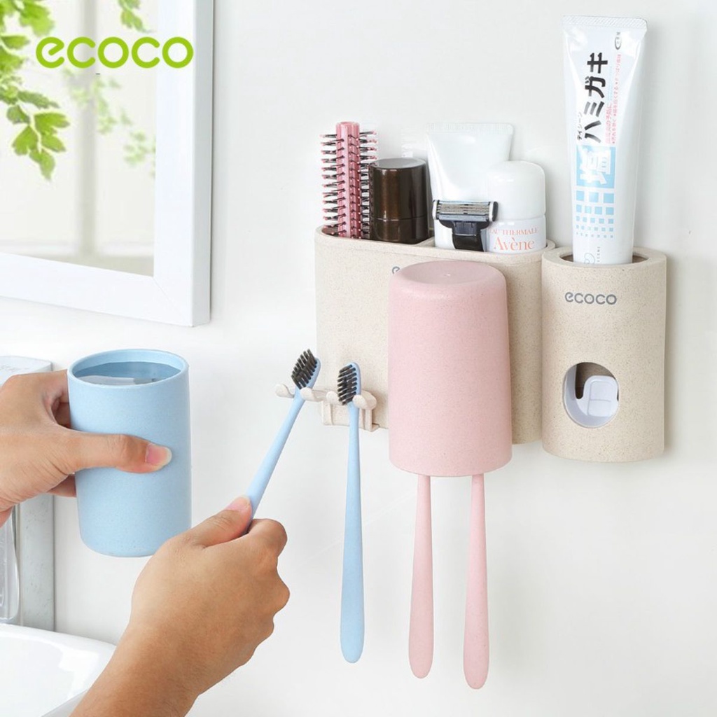 Combo bộ ECOCO nhả kem đánh răng và cốc đựng bàn chải đánh răng chất liệu lúa mạch