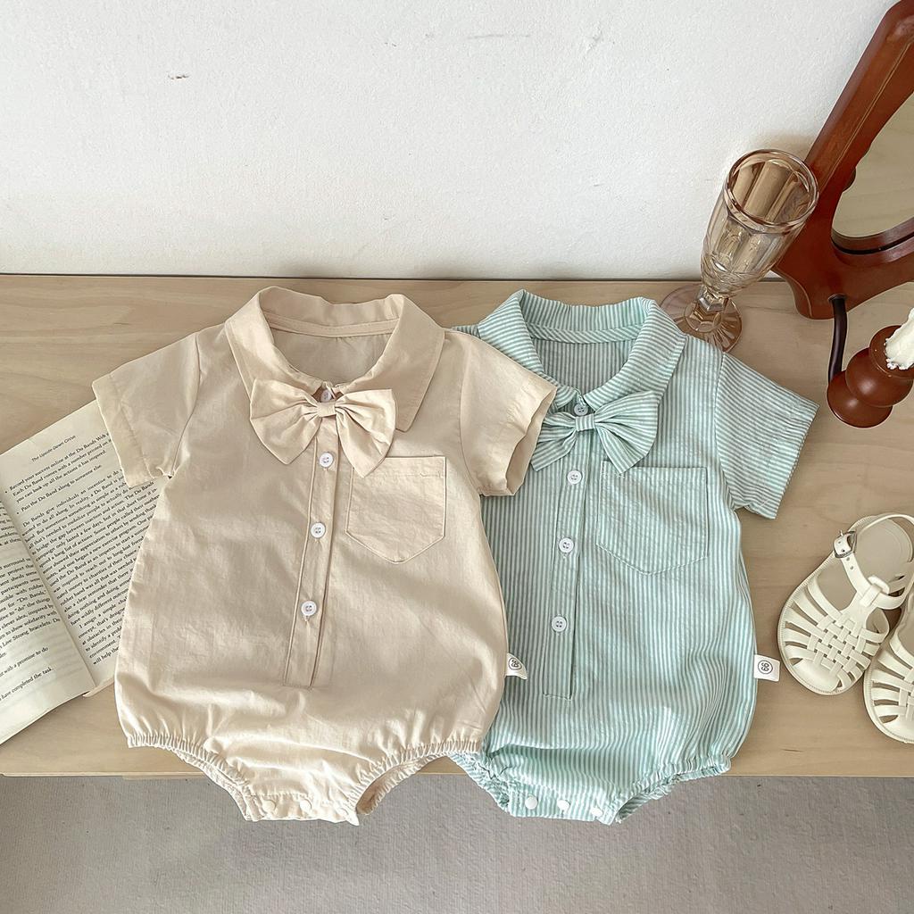 Bộ Áo Liền Quần Ngắn Tay Họa Tiết Kẻ Sọc Phong Cách Hàn Quốc Thời Trang Mùa Hè Cho Bé Trai