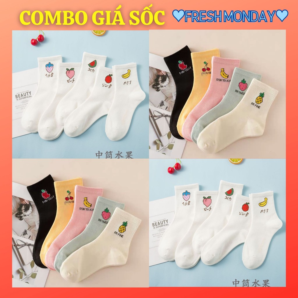 Combo 5 đôi tất cổ cao hoạ tiết hoa quả ⚡️ 𝐅𝐑𝐄𝐄 𝐒𝐇𝐈𝐏 ⚡️Cotton mềm mại, style Hàn Quốc ♥️ Mã TR23