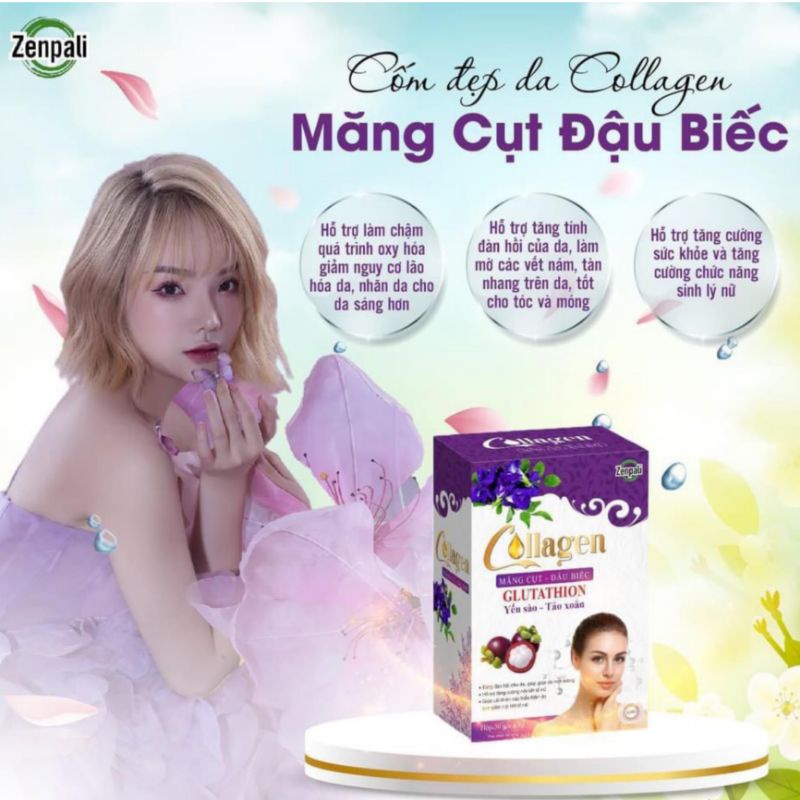 Collagen Măng Cụt Đậu Biếc Zenpali Hộp 30 Gói, Cốm Uống Đẹp Da Giữ Dáng Tăng Size Vòng 1