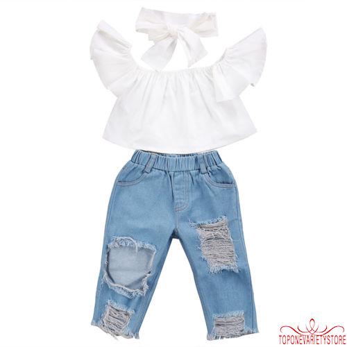 Set Áo Trễ Vai + Quần Jeans Rách Cho Bé Gái