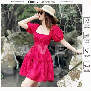 Váy đầm nữ đầm cổ vuông tay phồng tùng xòe nhún tầng