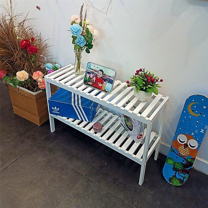 Kệ gỗ màu trắng kích thước 2 tầng dài 80cm phong cách hàn quốc chất liệ gỗ thông tự .