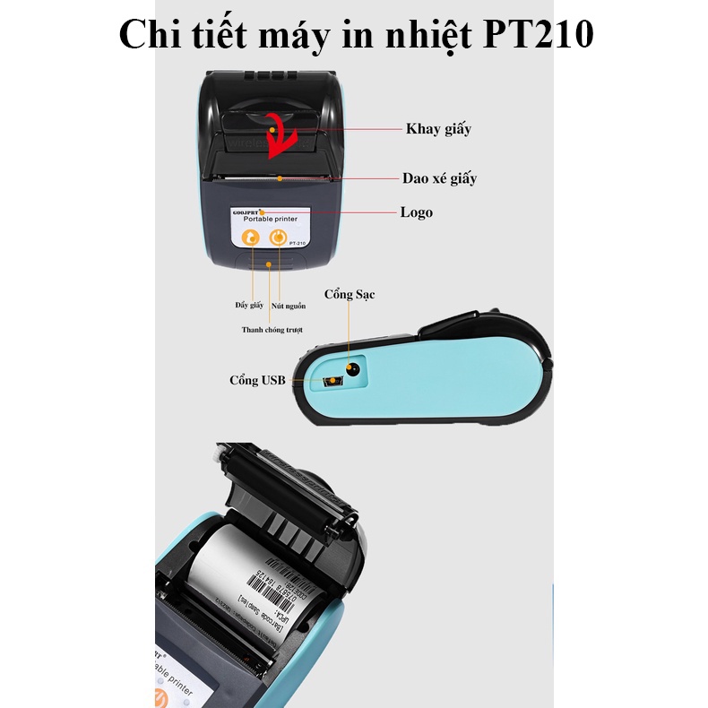 Máy in nhiệt PT210 Bluetooth để in bill, in hóa đơn, kết nối điện thoại hoặc máy tính - laptop