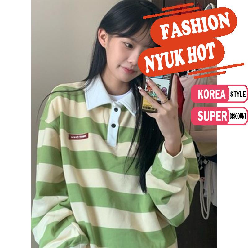 Áo Sơ Mi Tay Dài Cổ Polo Form Rộng Họa Tiết Kẻ Sọc Thời Trang Hàn Quốc Cho Nữ | BigBuy360 - bigbuy360.vn
