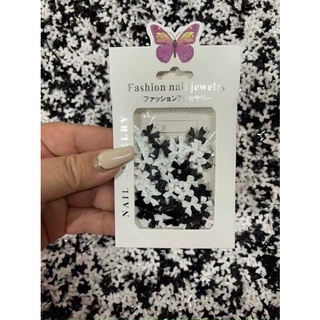 Set nơ đen trắng dài, charm nail gắn móng trang trí