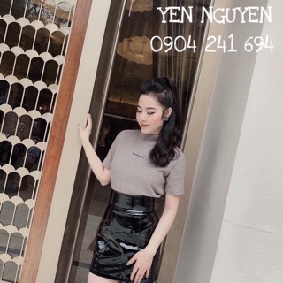 Chân váy da bóng cạp cao