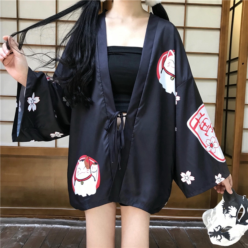 Áo Khoác Kimono In Hình Mèo Thần Tài Đáng Yêu