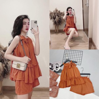S121 Set Áo yếm đũi nhăn xếp ly phối bèo kèm quần short cạp chun màu cam cháy tôn da, set đồ đi biển