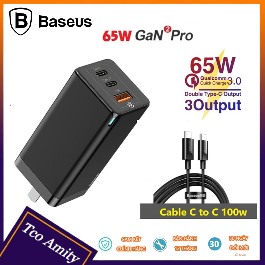 Củ Sạc Nhanh Baseus Gan2 Pro 65w Baseus - USB + 2 Type C - Sạc nhanh cho Điện Thoại /Máy Tính Bảng /Laptop - Chính hãng