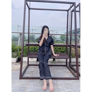 Bộ đồ ngủ nữ lụa pijama bigsize đen Merly Official, Pyjama lụa mặc nhà