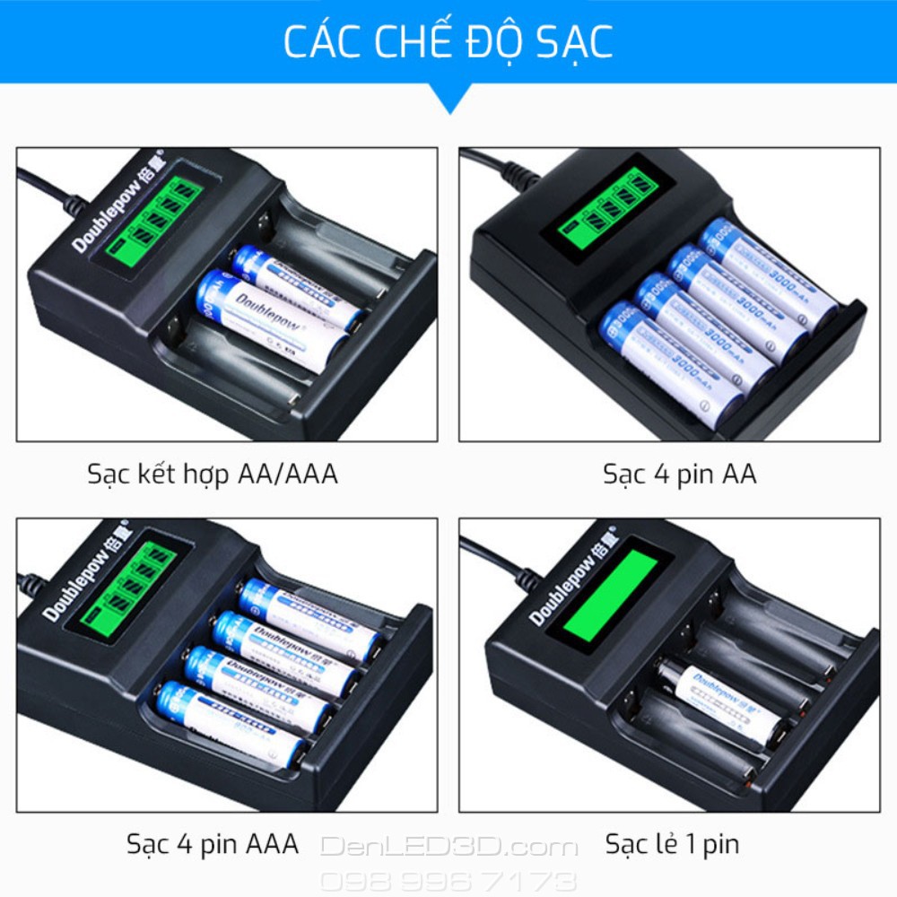 [Chính Hãng] Combo Sạc Tự Ngắt UK93B Kèm 4 Pin Doublepow 3200Mah Cho Mic Karaoke, Camera