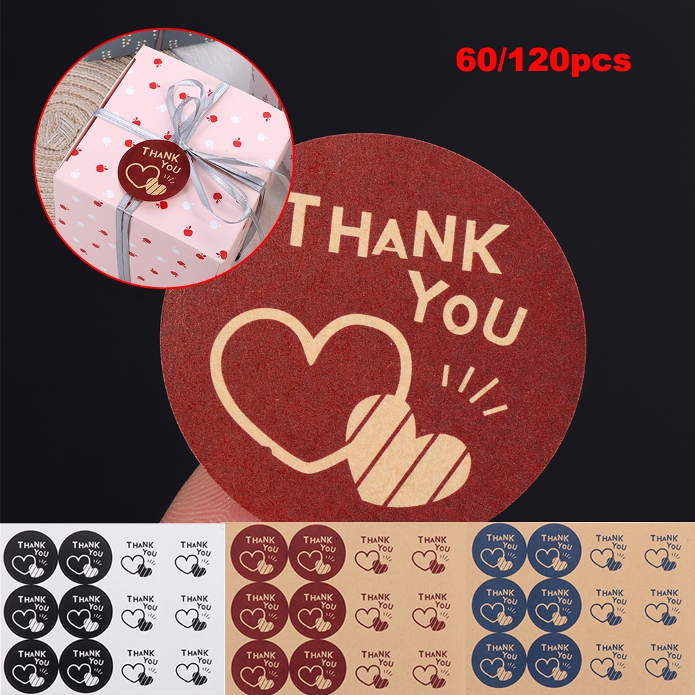 Set 60/120 nhãn dán tròn họa tiết trái tim và chữ "Thank You" trang trí đa năng