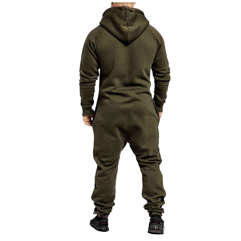 janesame_Men Pure Color Splicing Autumn Winter Casual Hoodie Print Zipper Print Jumpsuit