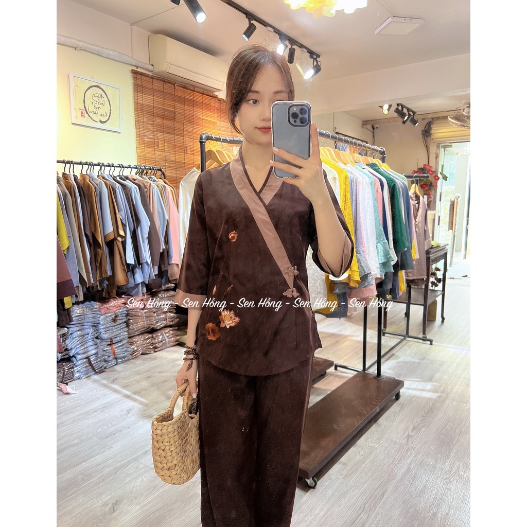 Set đồ lam đi chùa - quần áo Phật tử cài chéo viền nổi, vải kate Nhật bền đẹp - Pháp phục nữ Sen Hồng