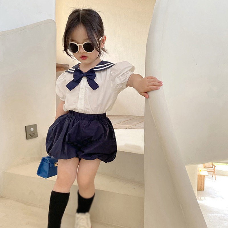 Bộ Áo Sơ Mi Cổ Bẻ + Quần Dài Kiểu Hải Quân Thiết Kế Dễ Thương Cho Bé Gái