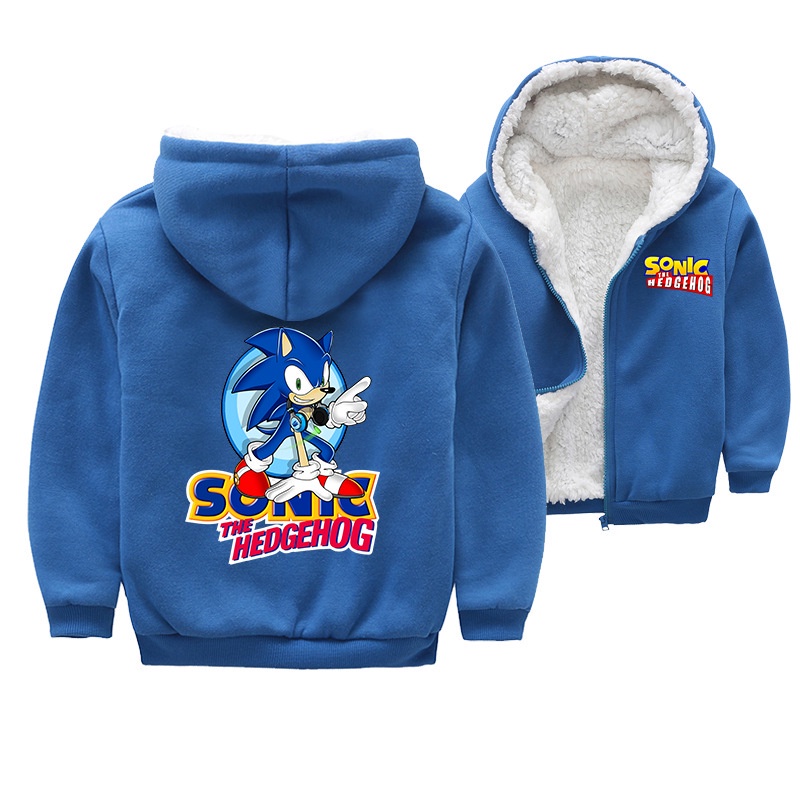 Áo Khoác Lông Cừu Dày Dặn Có Nón Phối Khóa Kéo In Hình Sonic the Hedgehog Cho Bé Trai